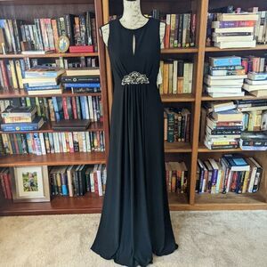 𝅺eliza J black knit gown jeweled pleated front high neck cut out sz 8 nwt